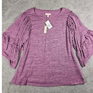 Cupio Womens Purple Heathered Ruffle Tiered Sleeve Knit Top Scoop Neck Large NWT